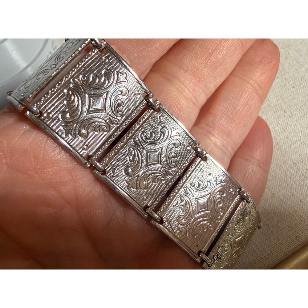 Vintage BB Sterling Silver Binder Bros. Embossed Panel Link Bracelet Scroll 7"